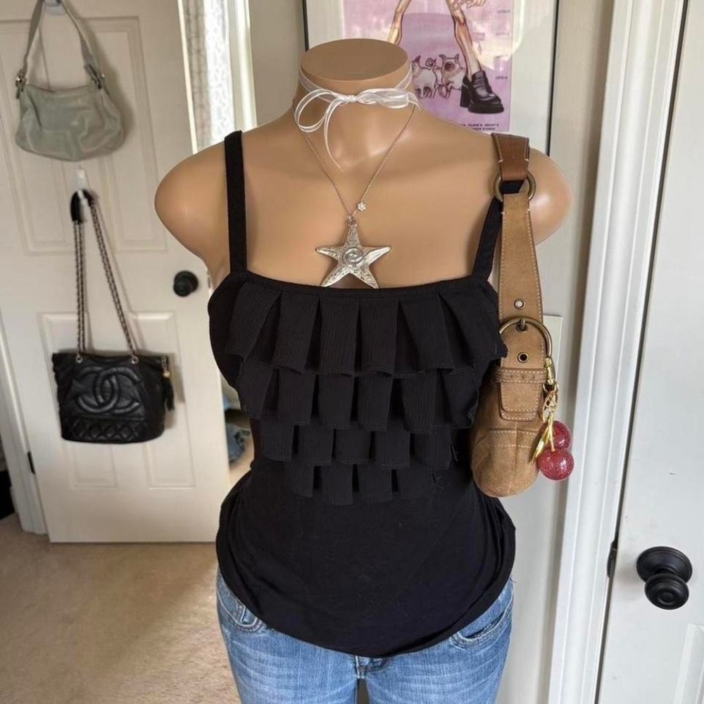 elle‎ grunge y2k black ruffle tank top layered feminine cami